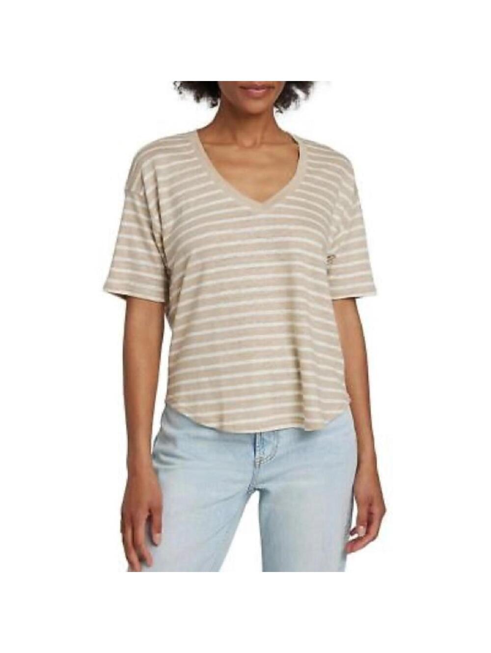 FAHERTY Oceanside Linen V-neck Short Sleeve Tee Women S Tan White Hampton Stripe
